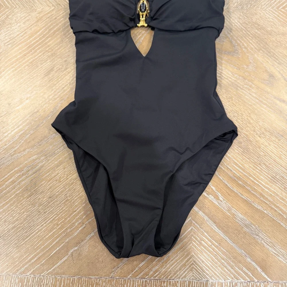 BECCA Rock Solid Gold Buckle Bandeau One Piece Swimsuit Black Medium NWOT